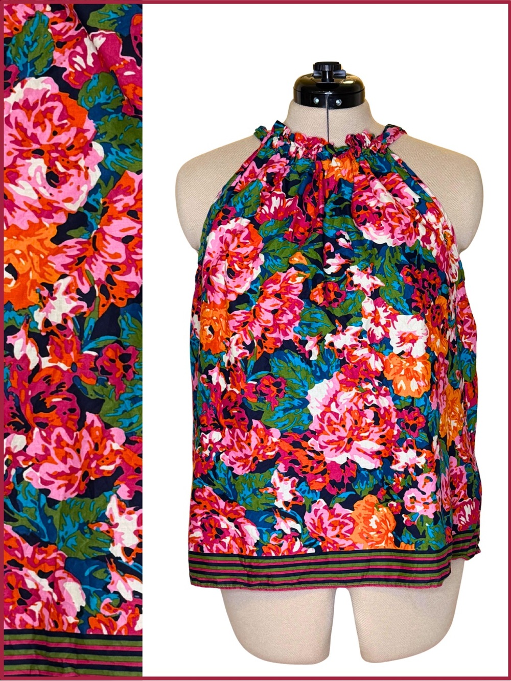 Large EUC - CeCe Bright Floral Cotton Sleeveless Top - Back of Neck Bow